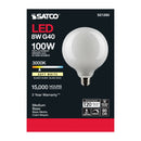 Satco LED light bulb packaging with specifications on a white background