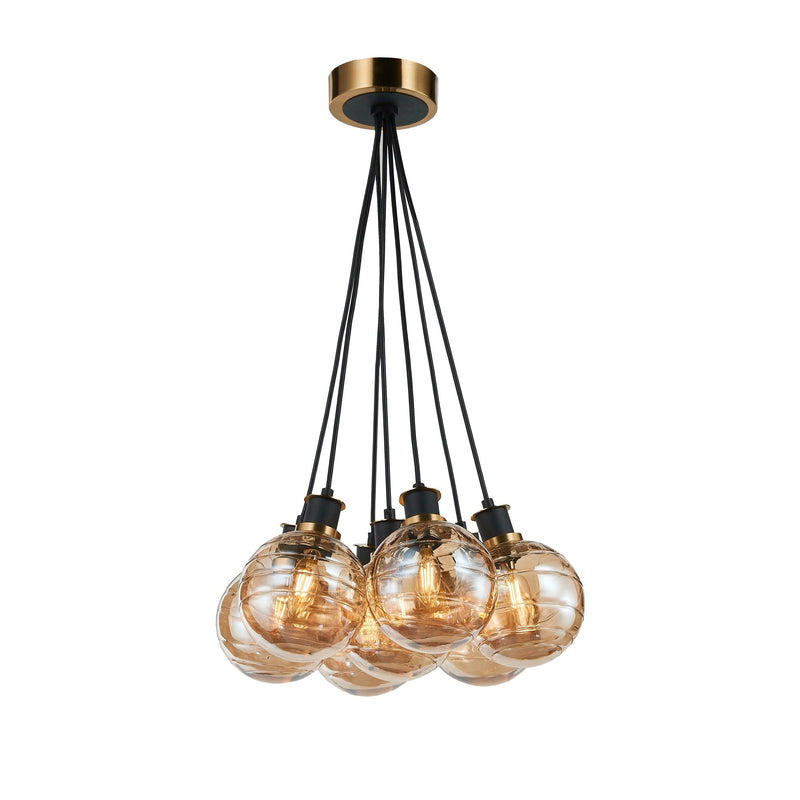 AC11877AM - Gem Collection 7-Light Pendant with Amber Glass Black and Brushed Brass - www.donslighthouse.com